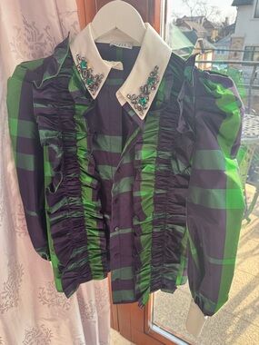 Green & Purple Ruffle-Front Embellished-Collar Blazer